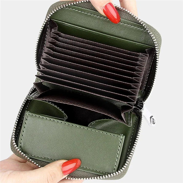 FQ557 RFID Blocking Organ Card Bag Top Layer Cowhide Leather Women Zipper Coin Purse - Verde