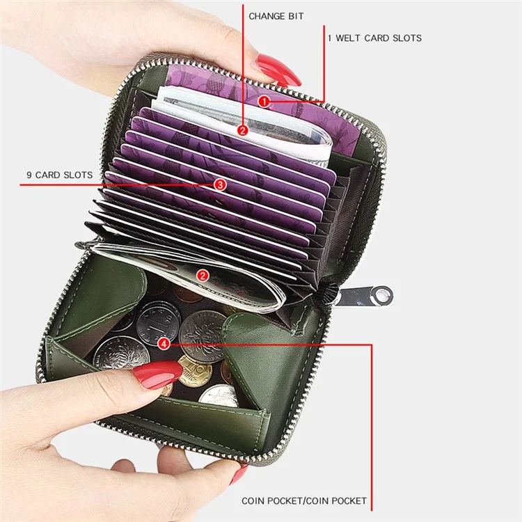 FQ557 RFID Blocking Organ Card Bag Top Layer Cowhide Leather Women Zipper Coin Purse - Verde