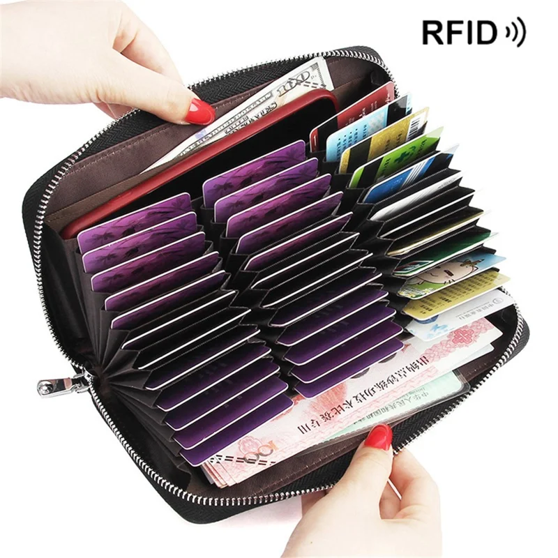 TZ FQ525 Card Holder Wallet RFID Blocking Top-Layer Cowhide Leather Bank Card Case Pouch - Black