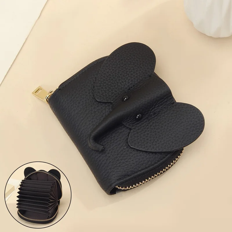 6288 Zipper Coin Purse Cute Elephant Design Women Top Layer Cowhide Leather Organ Card Bag - Black