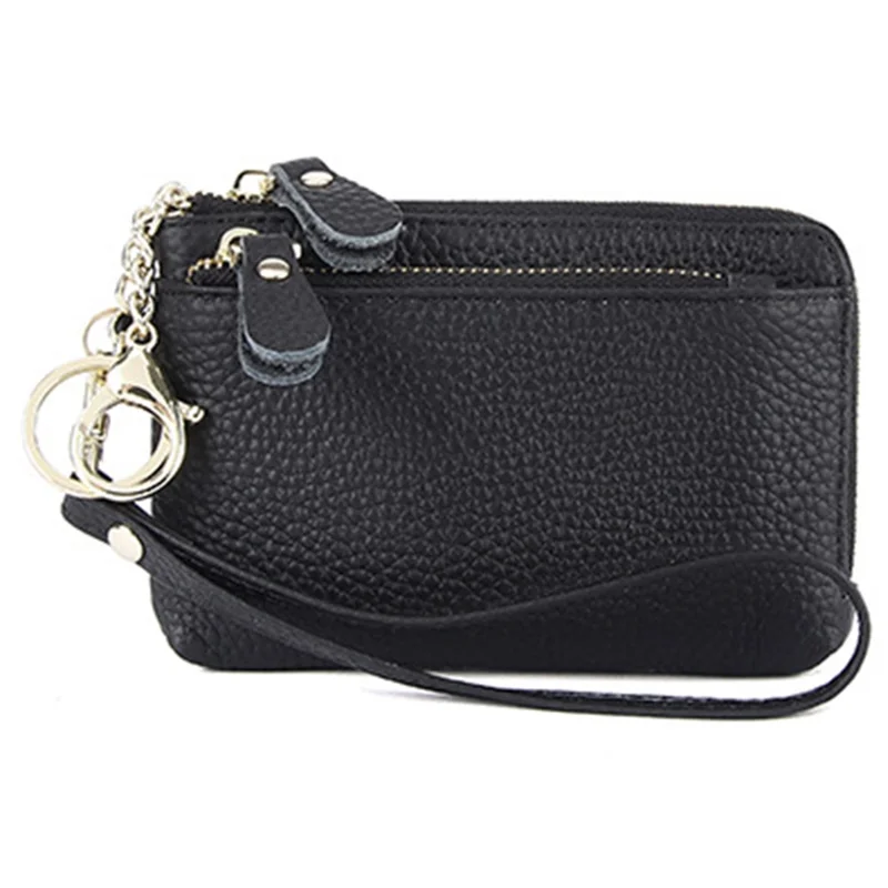 C30 Coin Card Holder Bag Top Layer Cowhide Leather Mini Wallet with Keychain and Wrist Strap - Black