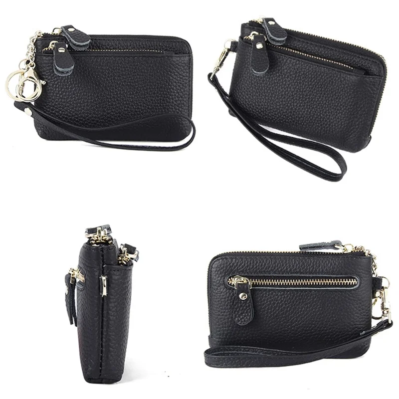 C30 Coin Card Holder Bag Top Layer Cowhide Leather Mini Wallet with Keychain and Wrist Strap - Black