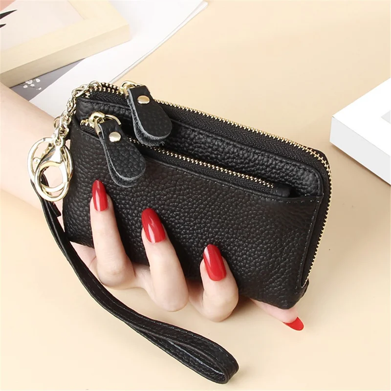 C30 Coin Card Holder Bag Top Layer Cowhide Leather Mini Wallet with Keychain and Wrist Strap - Black