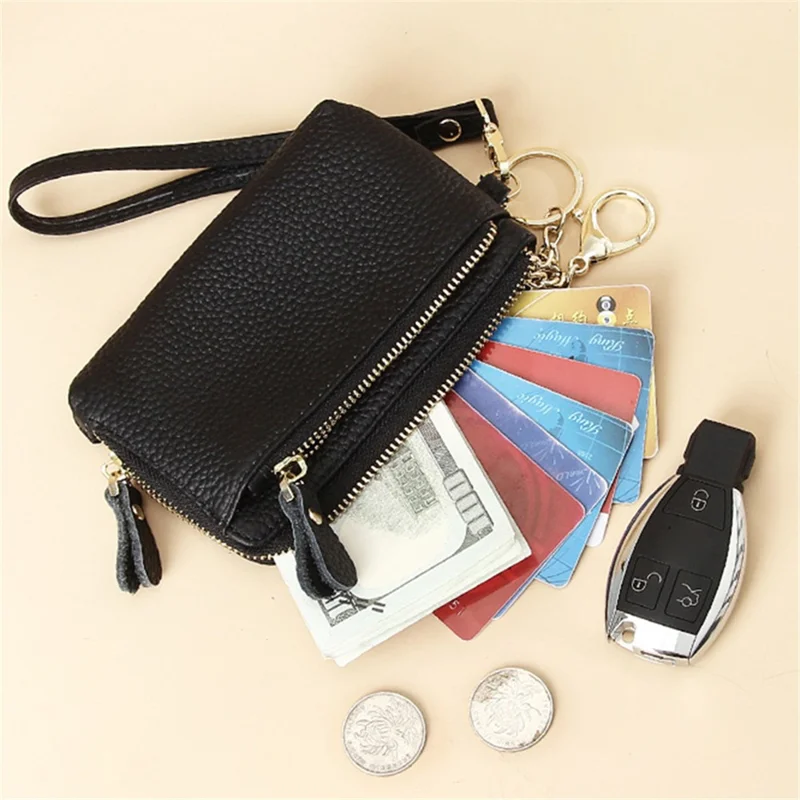 C30 Coin Card Holder Bag Top Layer Cowhide Leather Mini Wallet with Keychain and Wrist Strap - Black