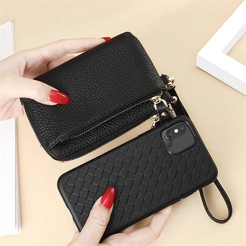 C30 Coin Card Holder Bag Top Layer Cowhide Leather Mini Wallet with Keychain and Wrist Strap - Black