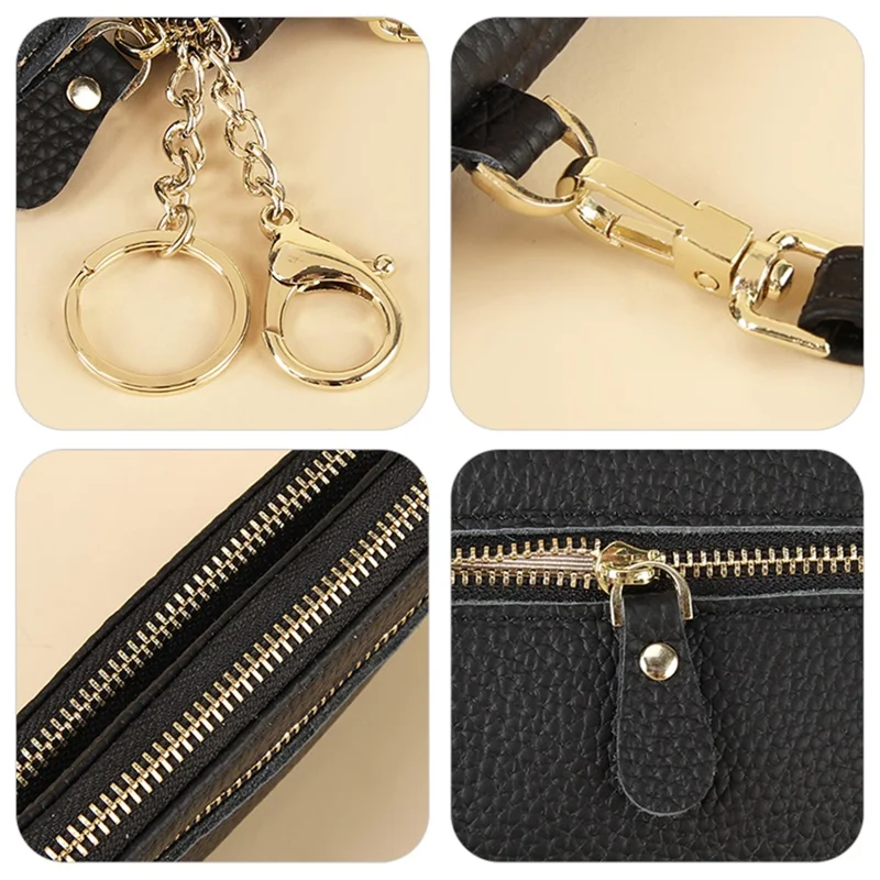 C30 Coin Card Holder Bag Top Layer Cowhide Leather Mini Wallet with Keychain and Wrist Strap - Black