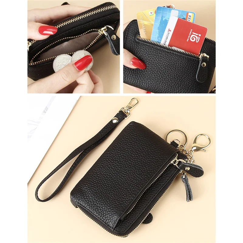 C30 Coin Card Holder Bag Top Layer Cowhide Leather Mini Wallet with Keychain and Wrist Strap - Black
