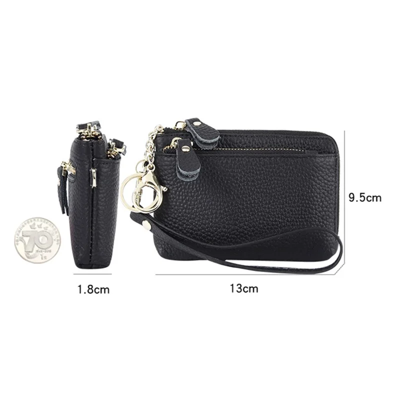C30 Coin Card Holder Bag Top Layer Cowhide Leather Mini Wallet with Keychain and Wrist Strap - Black