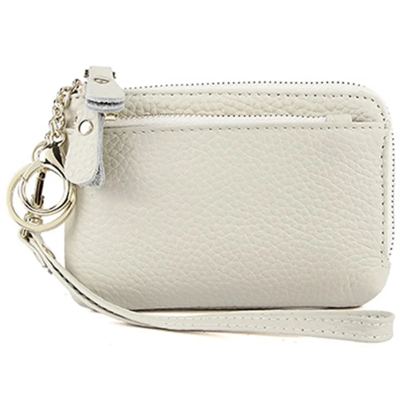 C30 Coin Card Holder Bag Top Layer Cowhide Leather Mini Wallet with Keychain and Wrist Strap - Beige