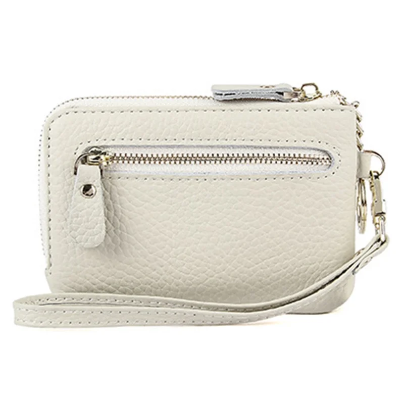 C30 Coin Card Holder Bag Top Layer Cowhide Leather Mini Wallet with Keychain and Wrist Strap - Beige
