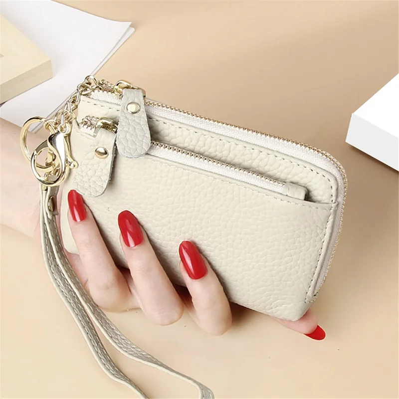 C30 Coin Card Holder Bag Top Layer Cowhide Leather Mini Wallet with Keychain and Wrist Strap - Beige