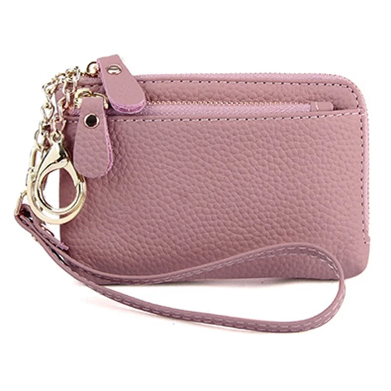 C30 Coin Card Holder Bag Top Layer Cowhide Leather Mini Wallet with Keychain and Wrist Strap - Pink Purple