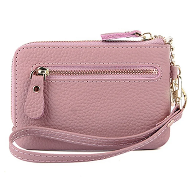 C30 Coin Card Holder Bag Top Layer Cowhide Leather Mini Wallet with Keychain and Wrist Strap - Pink Purple