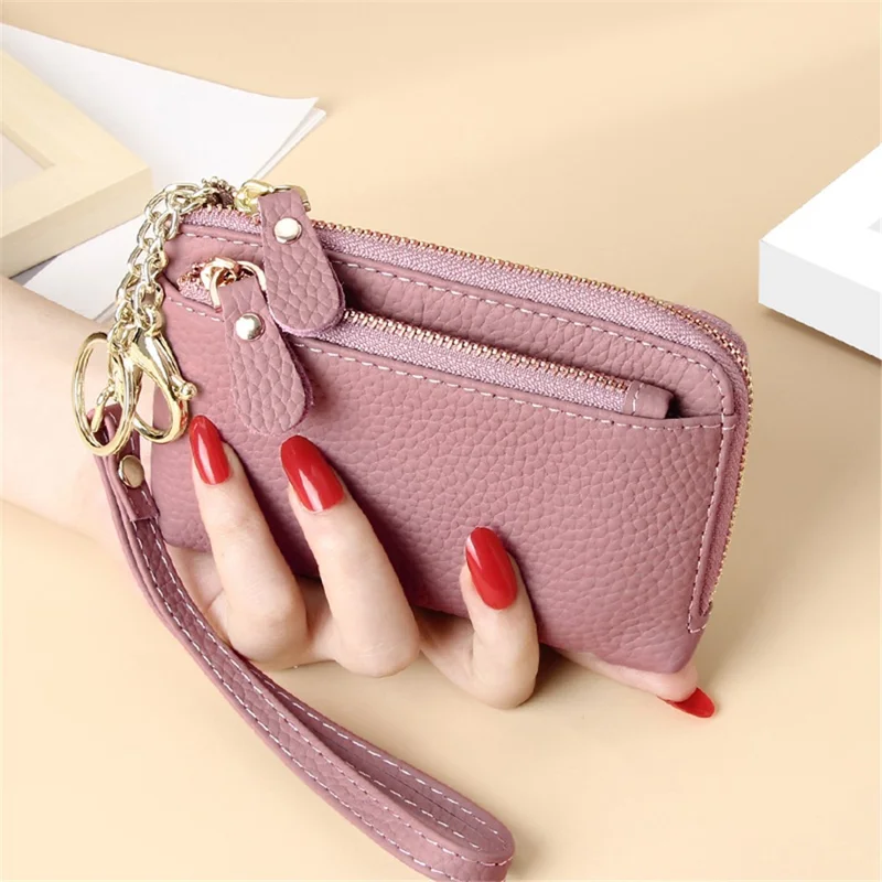 C30 Coin Card Holder Bag Top Layer Cowhide Leather Mini Wallet with Keychain and Wrist Strap - Pink Purple