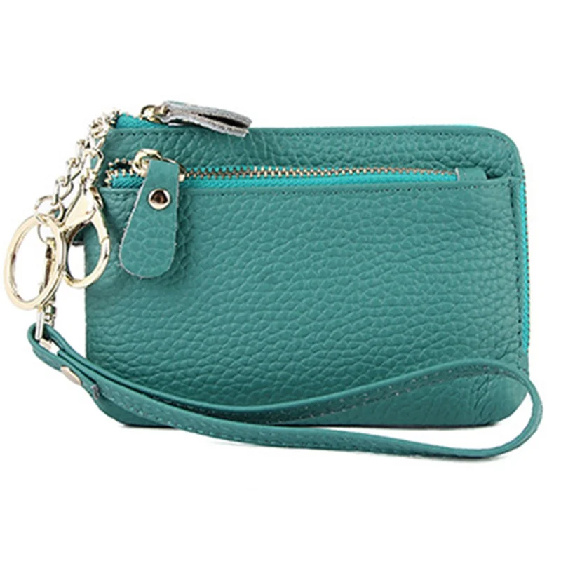 C30 Coin Card Holder Bag Top Layer Cowhide Leather Mini Wallet with Keychain and Wrist Strap - Peacock Green