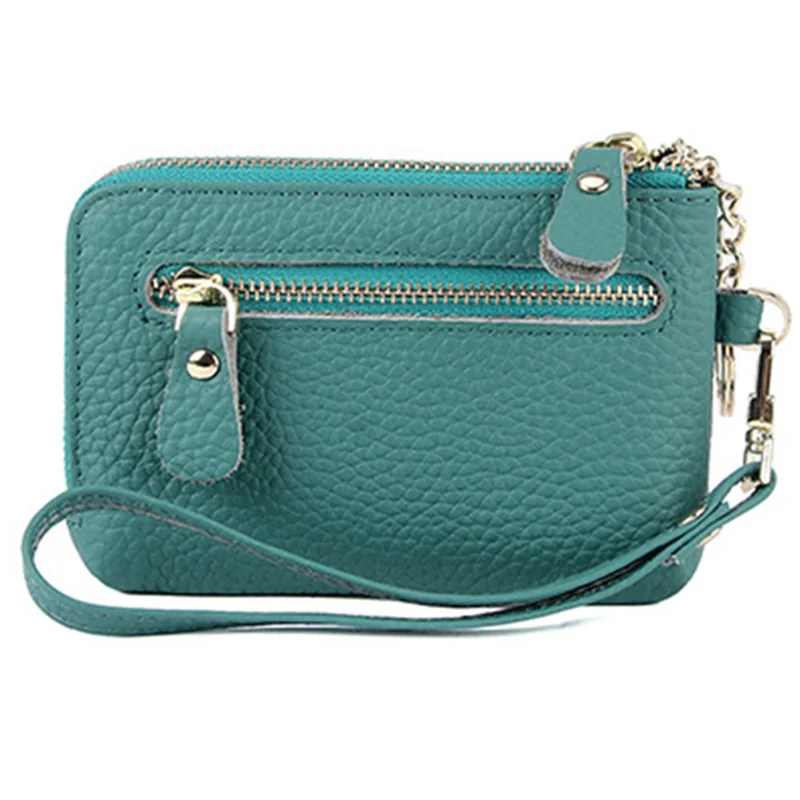 C30 Coin Card Holder Bag Top Layer Cowhide Leather Mini Wallet with Keychain and Wrist Strap - Peacock Green