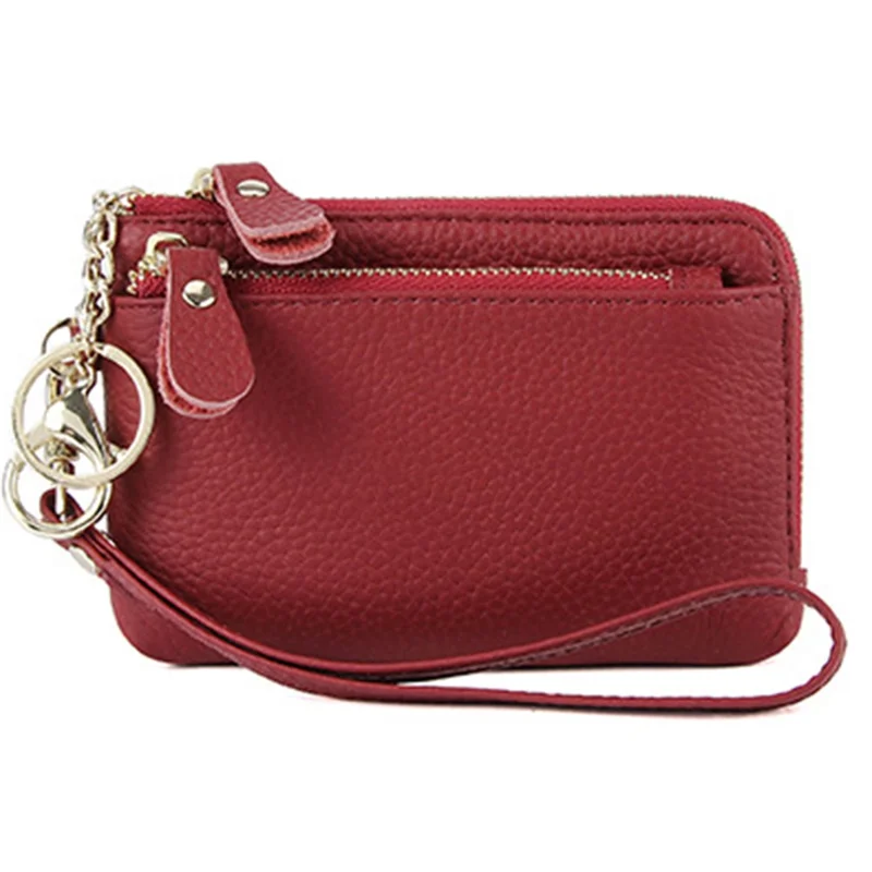 C30 Coin Card Holder Bag Top Layer Cowhide Leather Mini Wallet with Keychain and Wrist Strap - Wine Red