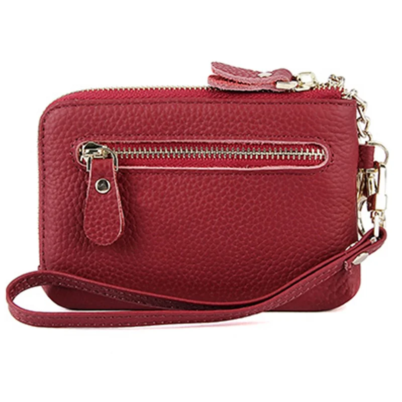 C30 Coin Card Holder Bag Top Layer Cowhide Leather Mini Wallet with Keychain and Wrist Strap - Wine Red