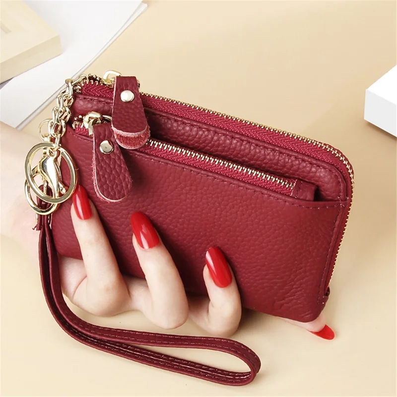 C30 Coin Card Holder Bag Top Layer Cowhide Leather Mini Wallet with Keychain and Wrist Strap - Wine Red