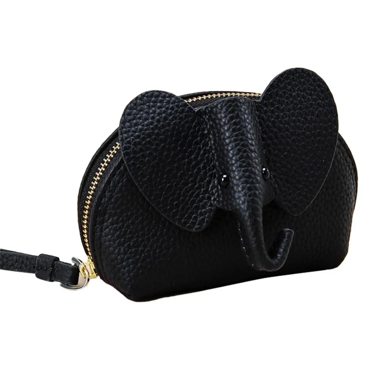 130 Cute Elephant Design Women Small Wallet First Layer Cowhide Zipper Coin Purse - Black