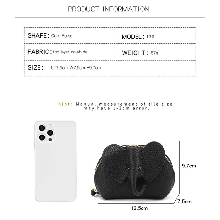 130 Cute Elephant Design Women Small Wallet First Layer Cowhide Zipper Coin Purse - Black
