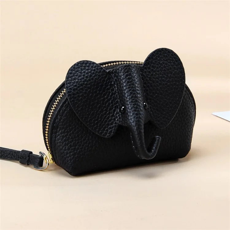 130 Cute Elephant Design Women Small Wallet First Layer Cowhide Zipper Coin Purse - Black