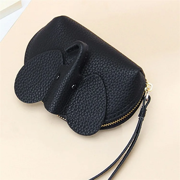 130 Cute Elephant Design Women Small Wallet First Layer Cowhide Zipper Coin Purse - Black
