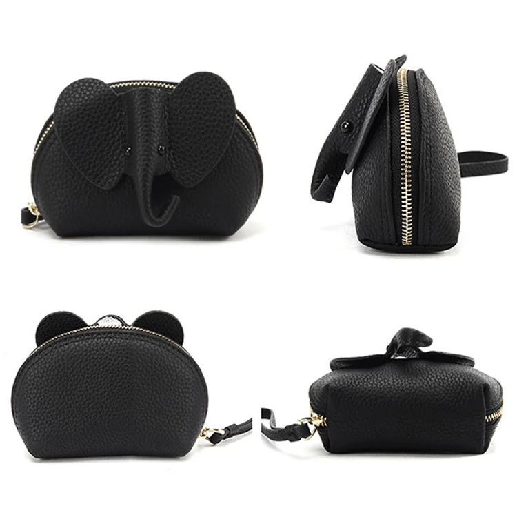 130 Cute Elephant Design Women Small Wallet First Layer Cowhide Zipper Coin Purse - Black