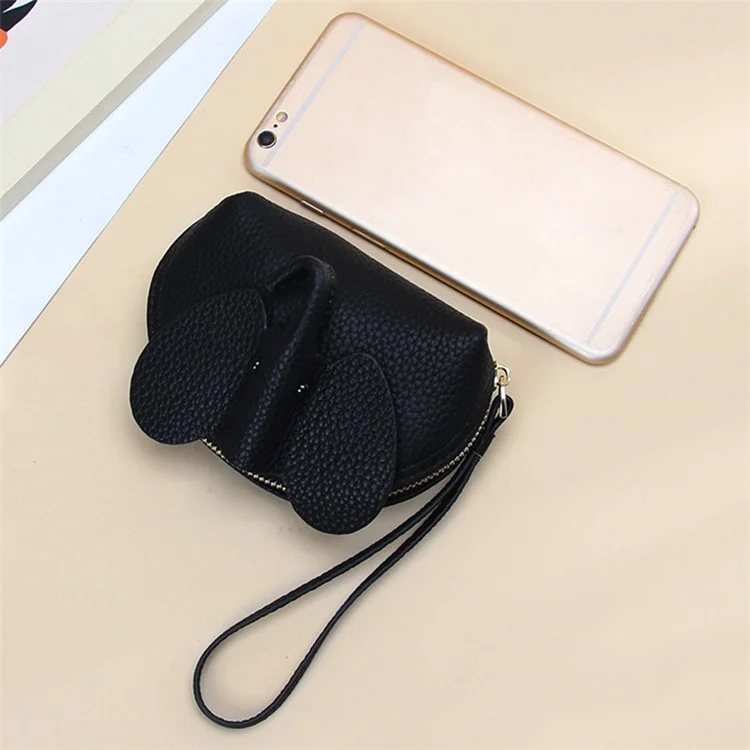 130 Cute Elephant Design Women Small Wallet First Layer Cowhide Zipper Coin Purse - Black