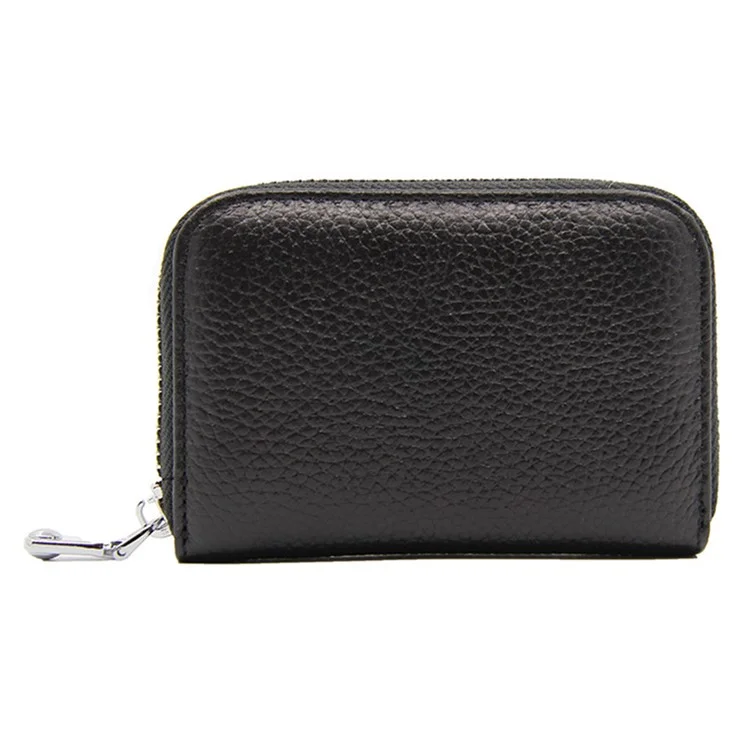 FQ507 Borsa per monete con cerniera in pelle di mucca con texture di litchi, strato superiore, blocco RFID, porta carte donna - Nero 