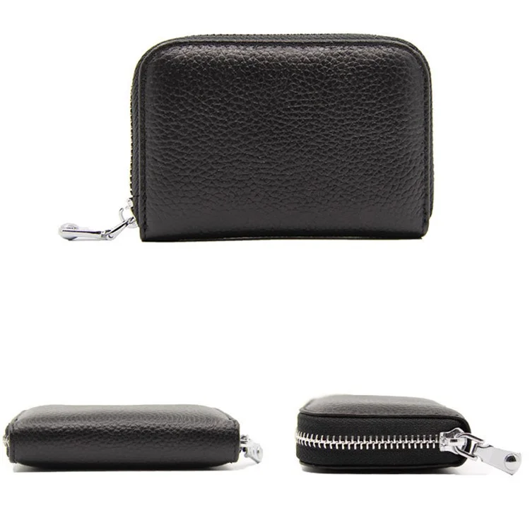 FQ507 Borsa per monete con cerniera in pelle di mucca con texture di litchi, strato superiore, blocco RFID, porta carte donna - Nero 