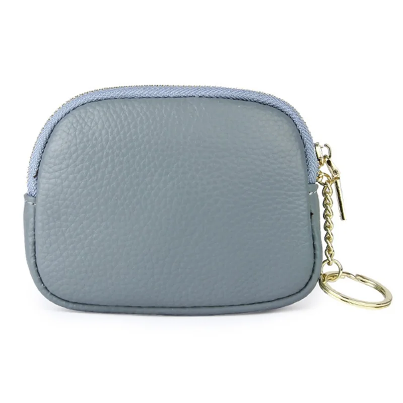 0021 Card Cash Storage Mini Wallet Top Layer Cowhide Leather Zipper Coin Purse with Keychain - Blue