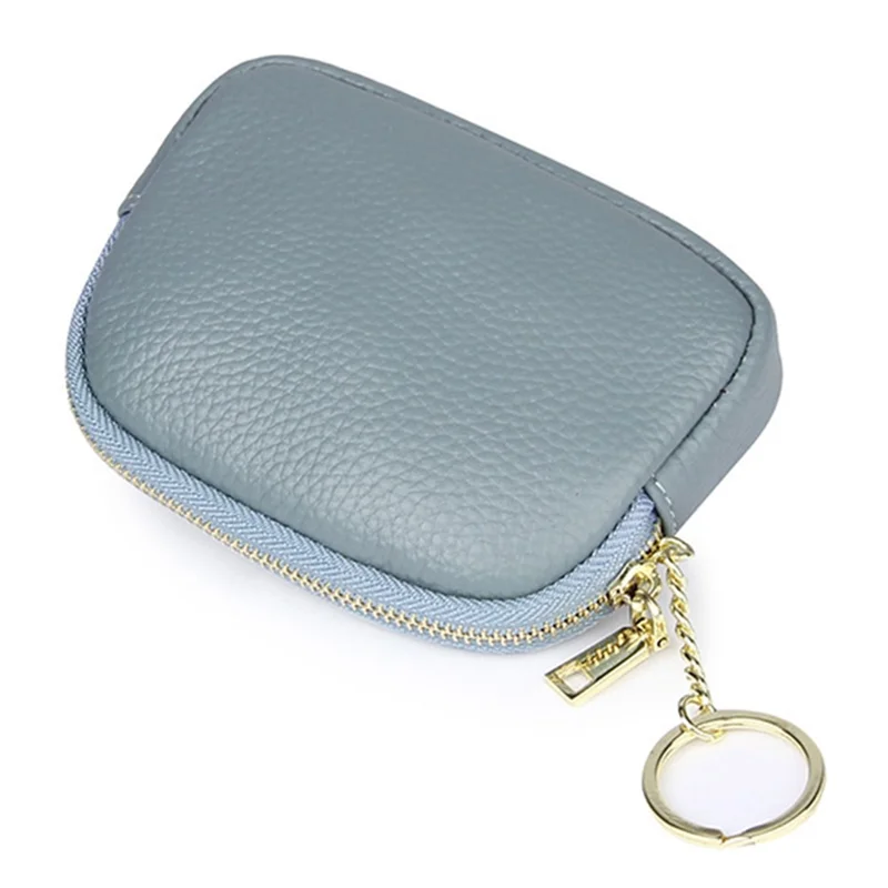 0021 Card Cash Storage Mini Wallet Top Layer Cowhide Leather Zipper Coin Purse with Keychain - Blue