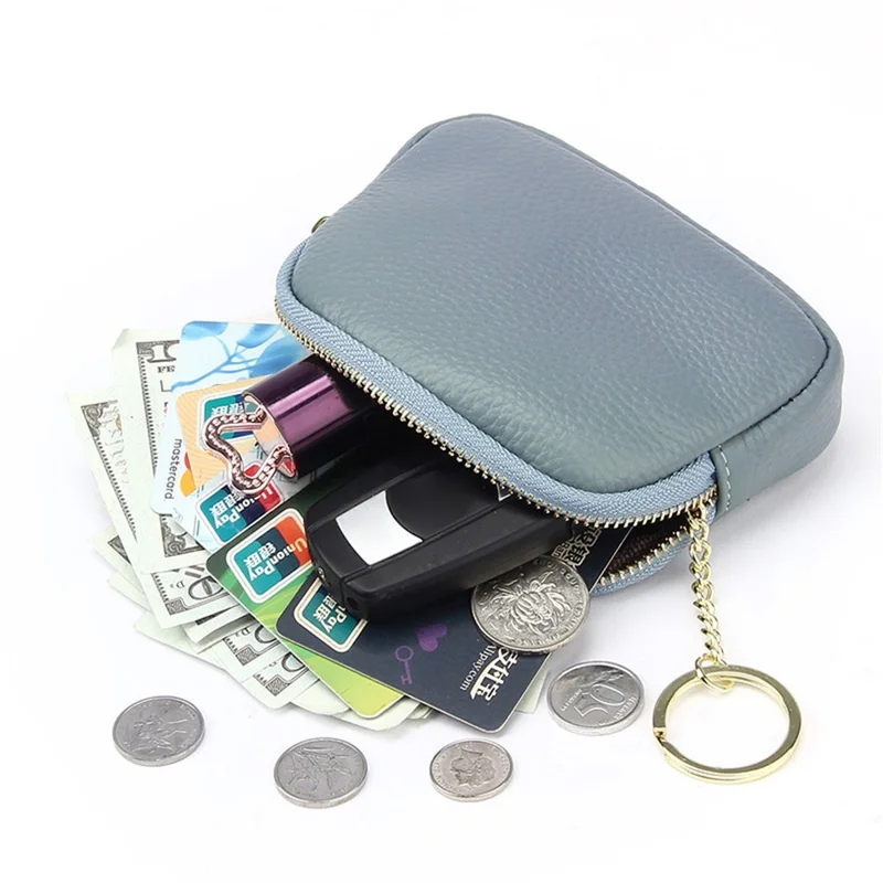 0021 Card Cash Storage Mini Wallet Top Layer Cowhide Leather Zipper Coin Purse with Keychain - Blue