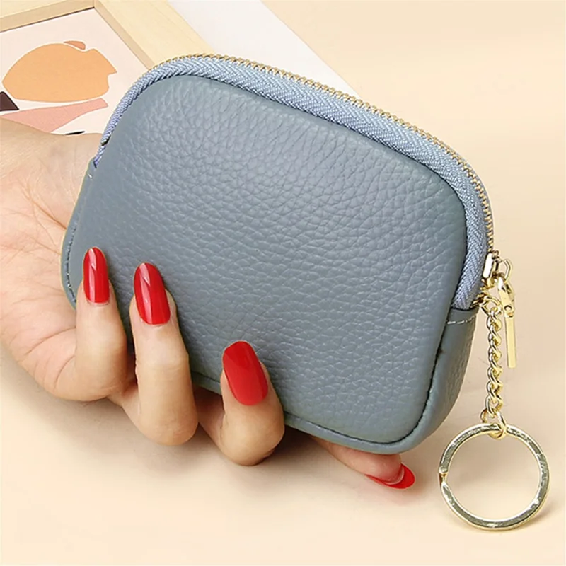 0021 Card Cash Storage Mini Wallet Top Layer Cowhide Leather Zipper Coin Purse with Keychain - Blue