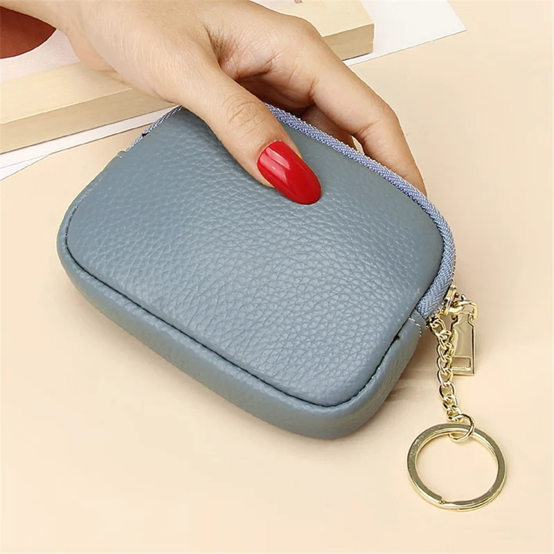0021 Card Cash Storage Mini Wallet Top Layer Cowhide Leather Zipper Coin Purse with Keychain - Blue