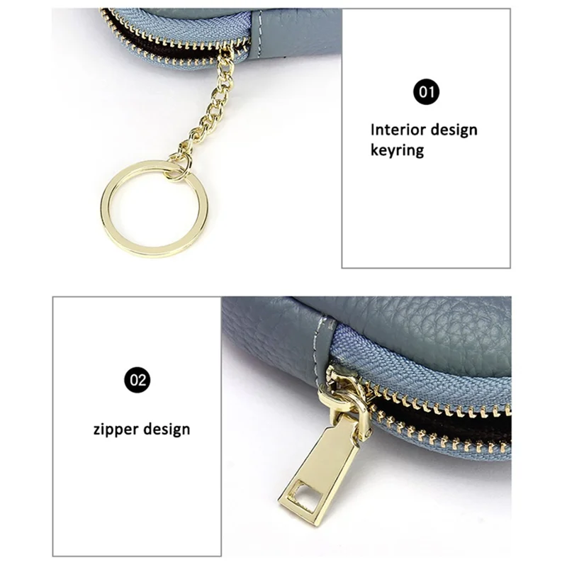 0021 Card Cash Storage Mini Wallet Top Layer Cowhide Leather Zipper Coin Purse with Keychain - Blue