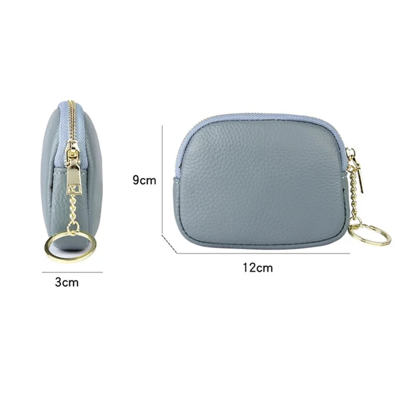 0021 Card Cash Storage Mini Wallet Top Layer Cowhide Leather Zipper Coin Purse with Keychain - Blue