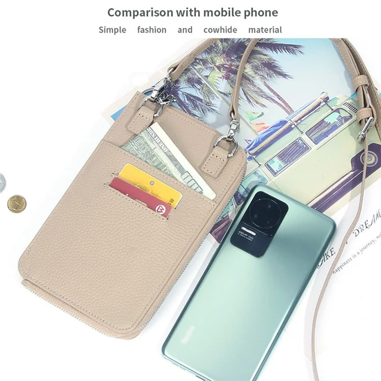 0018 Crossbody Phone Carrying Pouch Shoulder Bag Top-Layer Cowhide Leather Wallet Card Holder Bag - Khaki