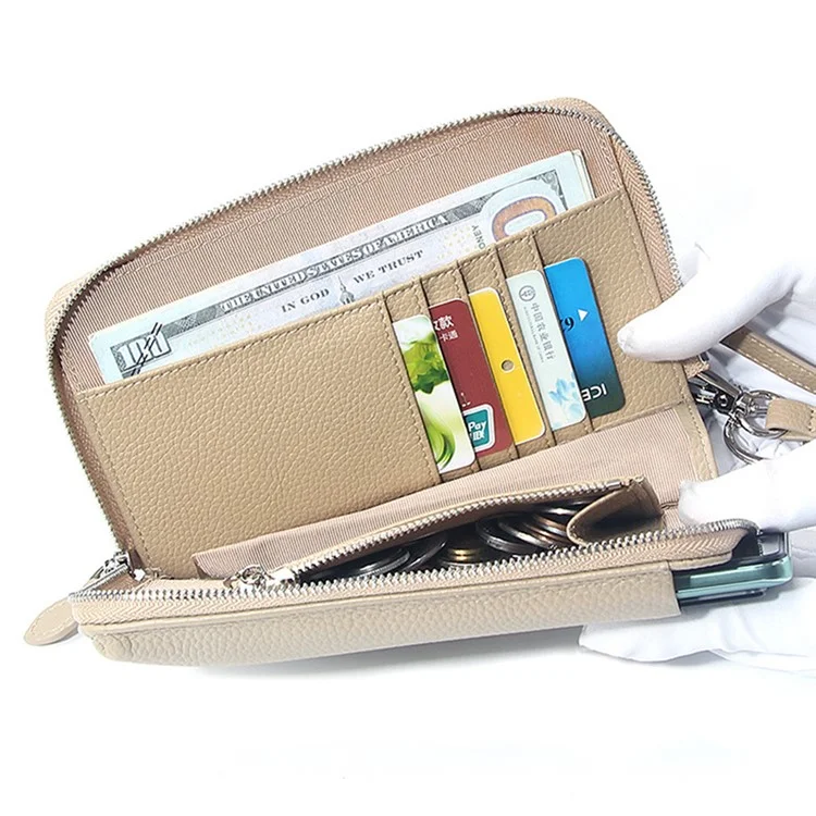 0018 Crossbody Phone Carrying Pouch Shoulder Bag Top-Layer Cowhide Leather Wallet Card Holder Bag - Khaki