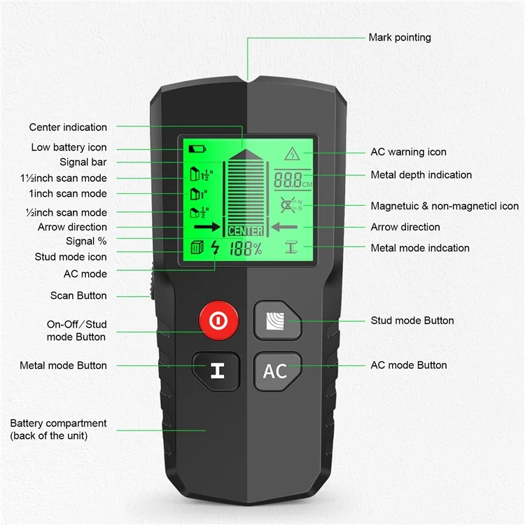 Detector de pared con pantalla digital electrónico HW-QB5 5 en 1 Detector de montantes para madera, metal y cables eléctricos
