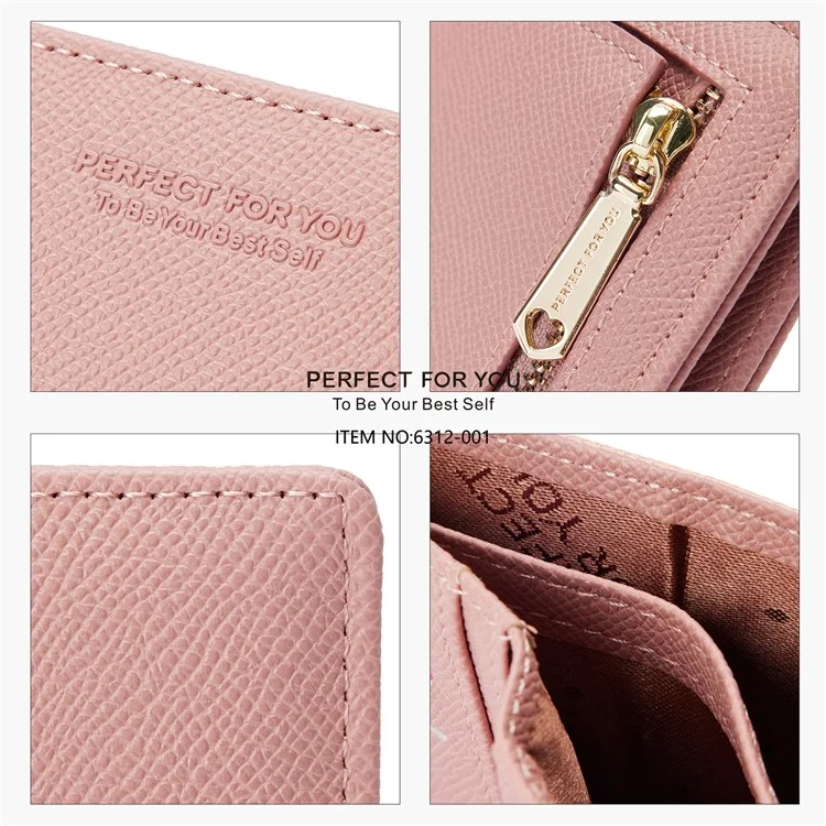 PARFAIT POUR VOUS 6312-001 Porte-monnaie court en cuir PU pour femme Ultra-fin Bi-plié - Rose