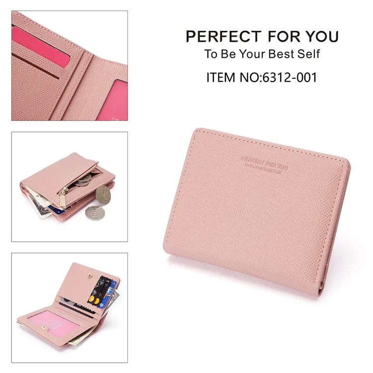 PARFAIT POUR VOUS 6312-001 Porte-monnaie court en cuir PU pour femme Ultra-fin Bi-plié - Rose