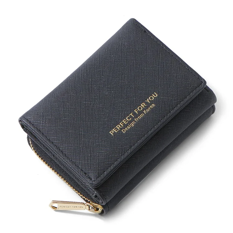 PERFETTO PER TE HC6905-001 Cross Texture PU Leather Women Short Wallet Zipper Pocket Tri-fold Purse - Black