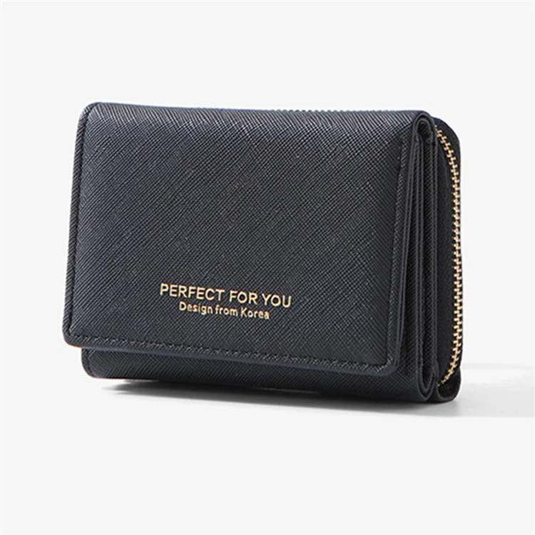 PERFETTO PER TE HC6905-001 Cross Texture PU Leather Women Short Wallet Zipper Pocket Tri-fold Purse - Black