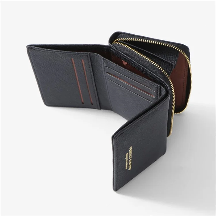 PERFETTO PER TE HC6905-001 Cross Texture PU Leather Women Short Wallet Zipper Pocket Tri-fold Purse - Black