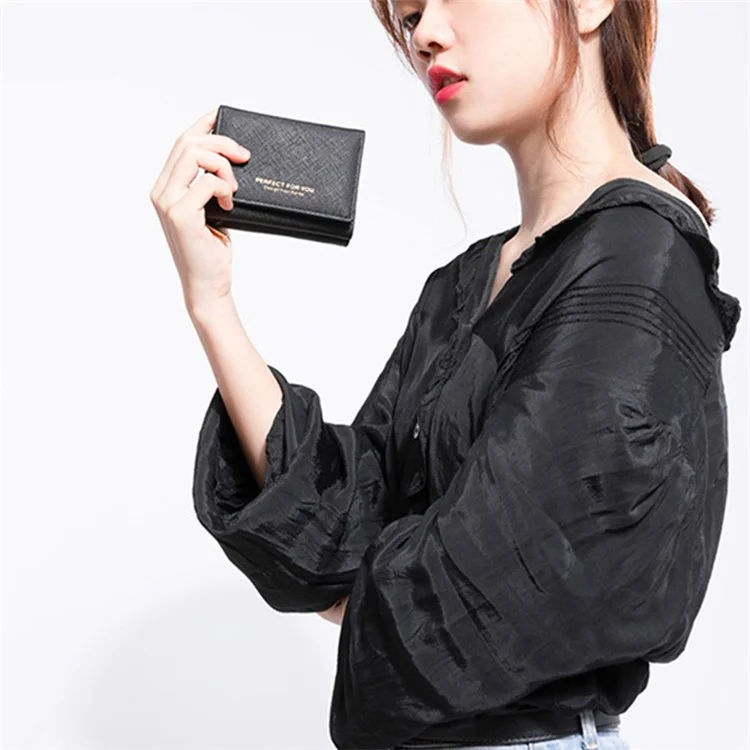 PERFETTO PER TE HC6905-001 Cross Texture PU Leather Women Short Wallet Zipper Pocket Tri-fold Purse - Black