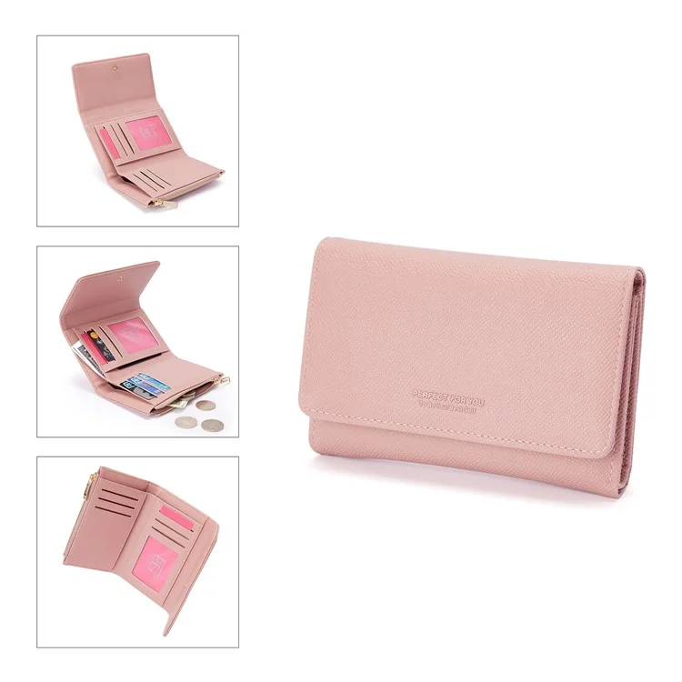 PERFECT FOR YOU 6338-008 Tri-fold Short Wallet PU Leather Women Cards Coins Storage Bag - Pink