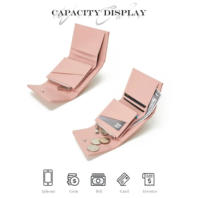 PARFAIT POUR VOUS 6348-002 Portefeuille court en cuir PU pour femmes avec rangement pour cartes et poche zippée - Rose