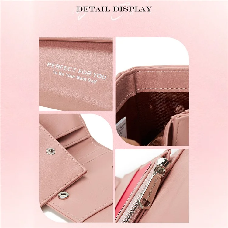 PARFAIT POUR VOUS 6348-002 Portefeuille court en cuir PU pour femmes avec rangement pour cartes et poche zippée - Rose